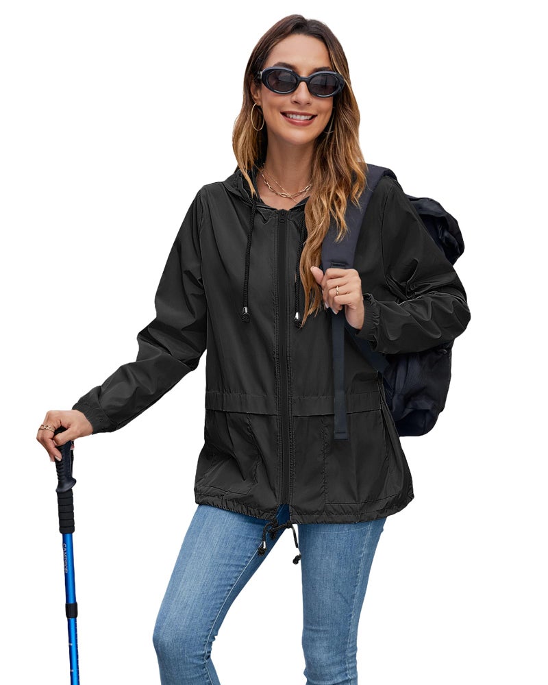 Hount Women's Lightweight Travel Trench Raincoat Hoodie Waterproof Hiking Packable Rain Jacket (L, Black) - Image 5